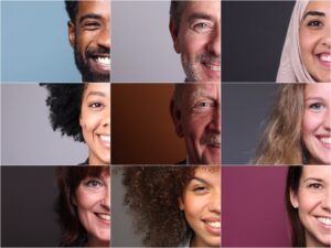 Nine diverse individuals are shown, highlighting the benefits of virtual meetings on diversity