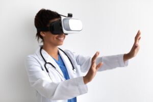 Female physician using a Virtual Realty (VR) headset for next-gen medical education purposes